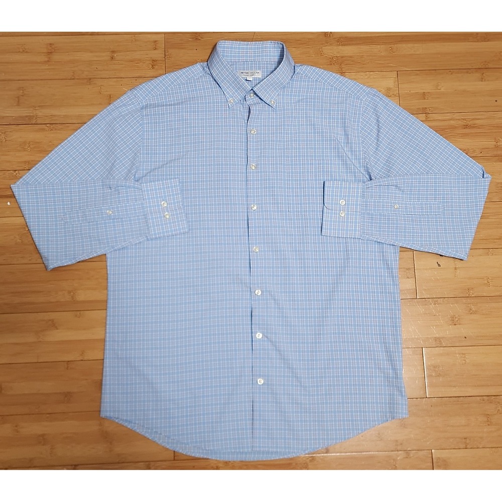 Peter Millar Summer Comfort Blue Plaid Poplin Shirt Mens L Stretch MS24W49LTBP